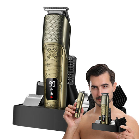 Metal Vintage Rechargeable T9 Professional Hair Trimmer LCD 6 in 1 Grooming Set Electric Razor Body Nose
