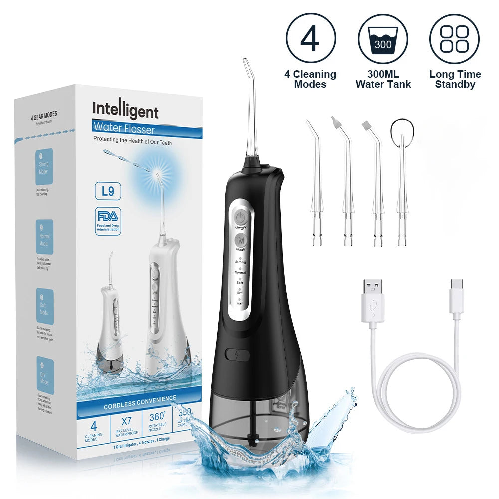 Oral Irrigator Dental Water Flosser 4 Mode Portable Dental Water Jet Floss Rechargeable 300ML 4 Tip IPX7 Teeth Cleaner Whitening