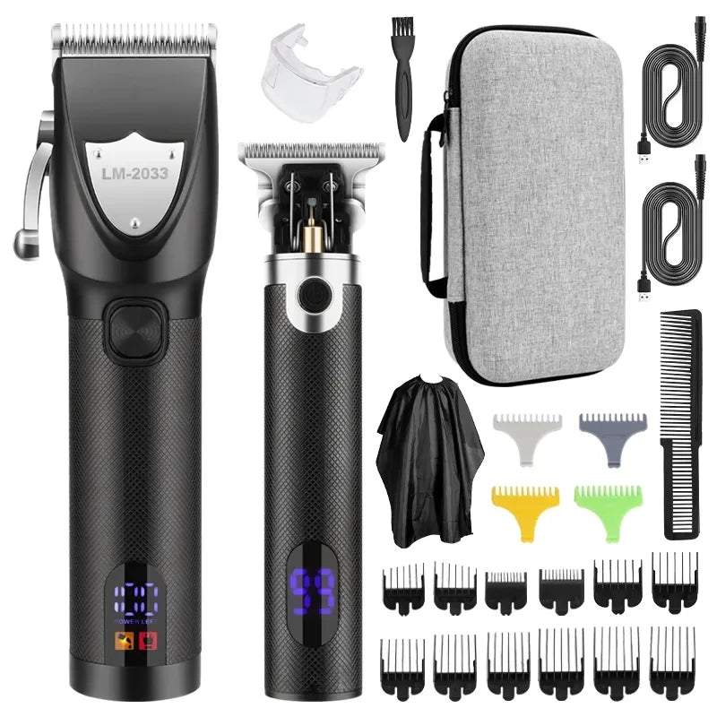 Cordless Professional Trimmer All Metal Body Low Noise Electric Hair Clipper 2 in 1 Set with Travel Bag for Men