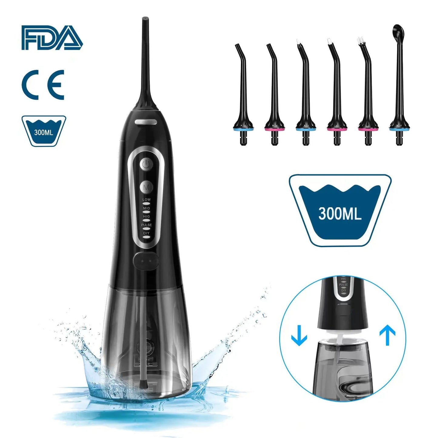 Oral Irrigator 5 Modes USB Rechargeable Portable Dental Water Flosser Jet 300ml Water Tank Teeth Cleaner 6 Jet Nozzle