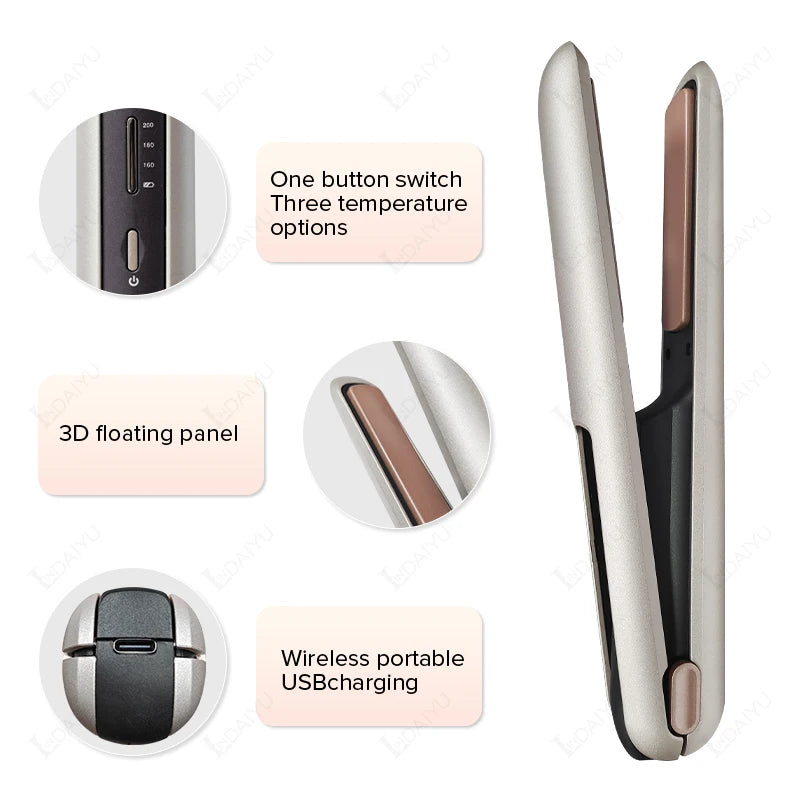Cordless Hair Straightener Mini Portable Wireless Curler USB Rechargeable for Travel Ceramic Fast Heating Plate Flat Iron Stylin