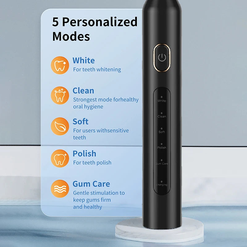 Electric Sonic Toothbrush Rechargeable Electronic Tooth Brushes 5 Brushing Modes IPX7 Waterproof With Replacement Heads