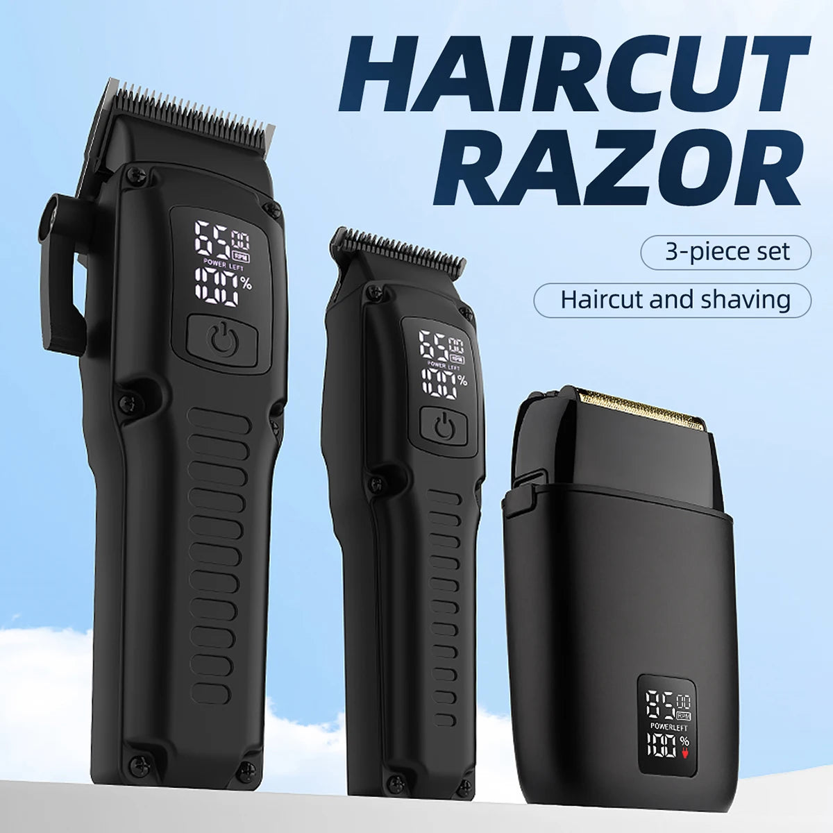 Three Piece Set Electric Hair Clipper  Metal Body Oil Head Electric Trimmer Pushing Cutting Carving and Shaving Set