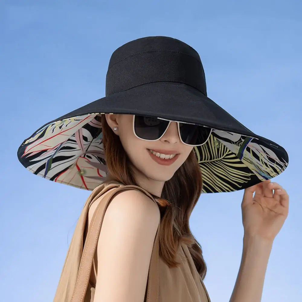 Cotton Women Fisherman Hat Fashion Large Brim Breathable Sun Hat Double-sided Plant Printing Bucket Hat