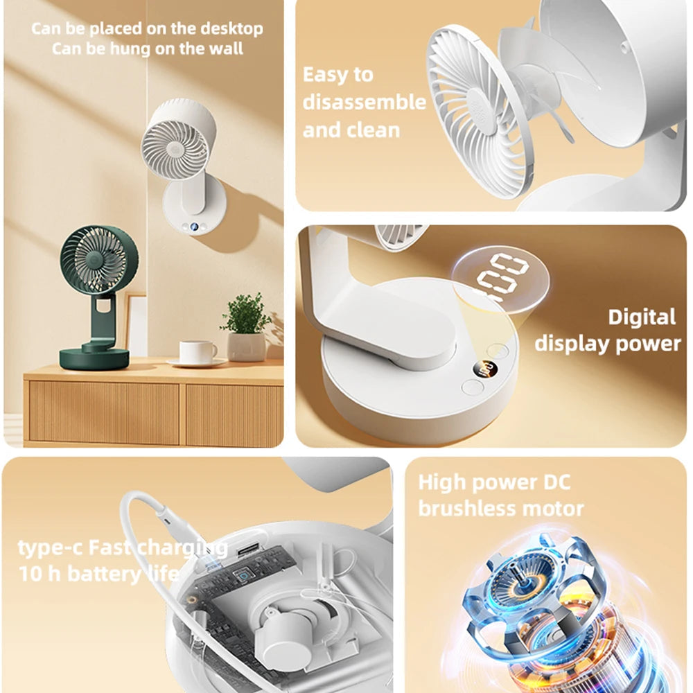 Cordless Electric Fan 4000mAh Portable Air Circulator Fan Desktop Wall Ceiling Air Cooling Cooler Quiet Oscillating Ventilator