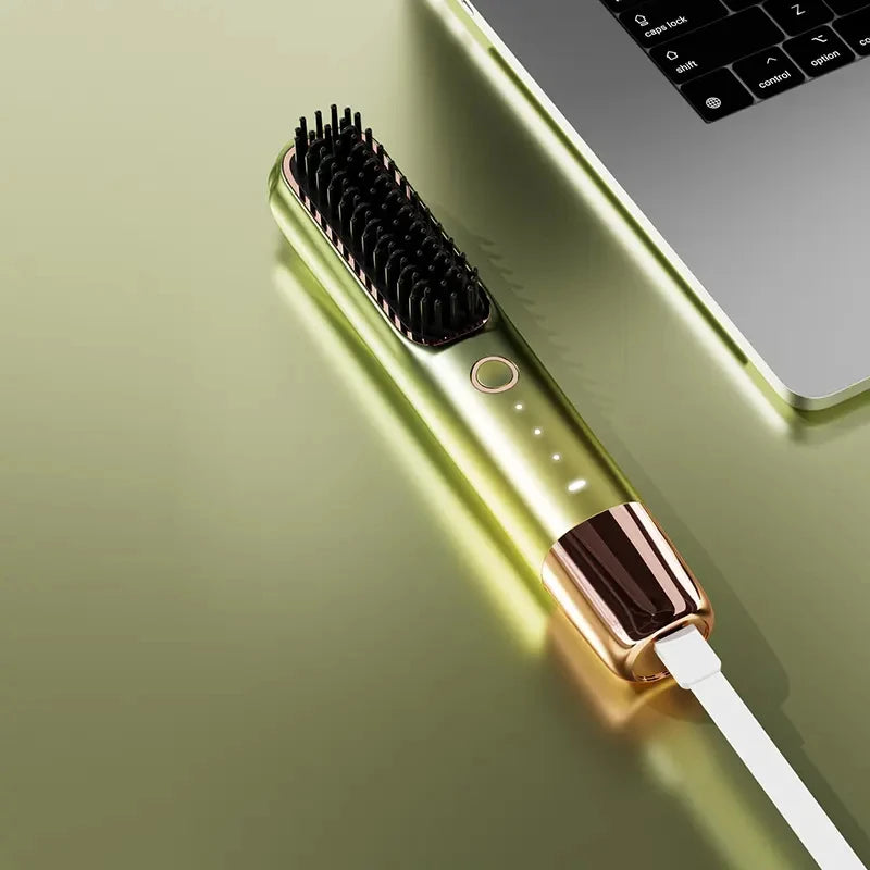 Portable Multifunctional Heating Comb Ptc 2 In 1 Hair Curler Hot Comb Hair Straightener Brush Wireless Hair Straightener