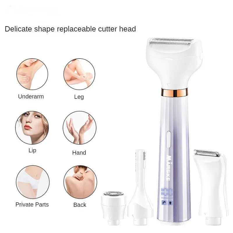 Electric Ladies Shaver 4 in 1 IPX5 Waterproof Underarms Legs Hands Back Lips Private Parts Epilator USB Charging Digital Display