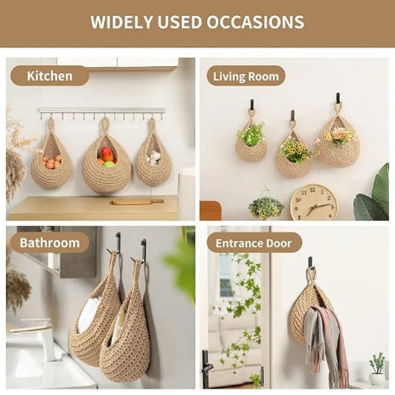 Wall Hanging Fruit Baskets For Kitchen 3 Pack Woven Produce Holder Vegetable Hanging Basket
