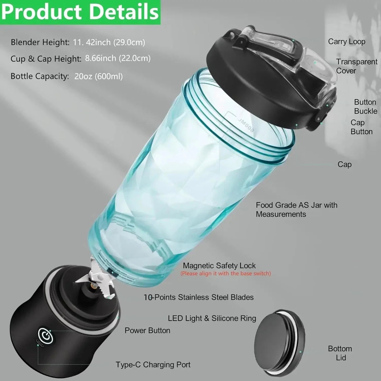 4000mAh Portable Juicer Cup 600ML 10-Leaf Blade Powerful Motor Mini Blender for Shakes Smoothis Blender Mixer Cup Outdoor
