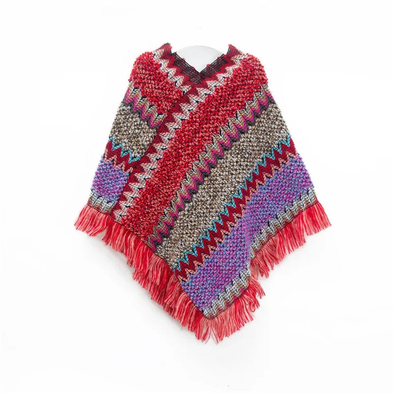 Patchwork Shawl Knitted Striped Print Cardigans Women Poncho Autumn Winter Clothing Sleeveless Sweater Cape Coats