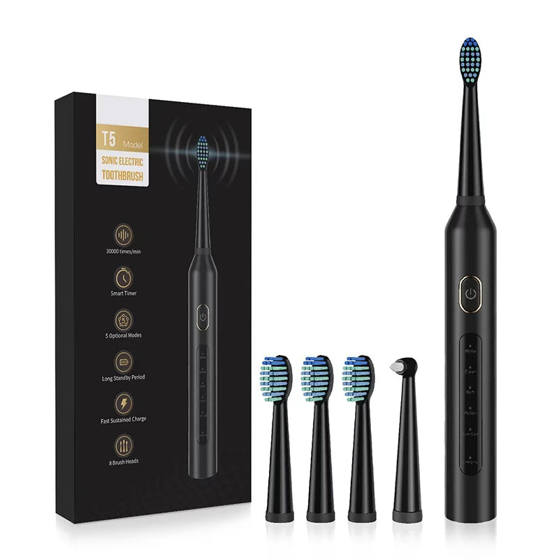 Electric Sonic Toothbrush Rechargeable Electronic Tooth Brushes 5 Brushing Modes IPX7 Waterproof With Replacement Heads