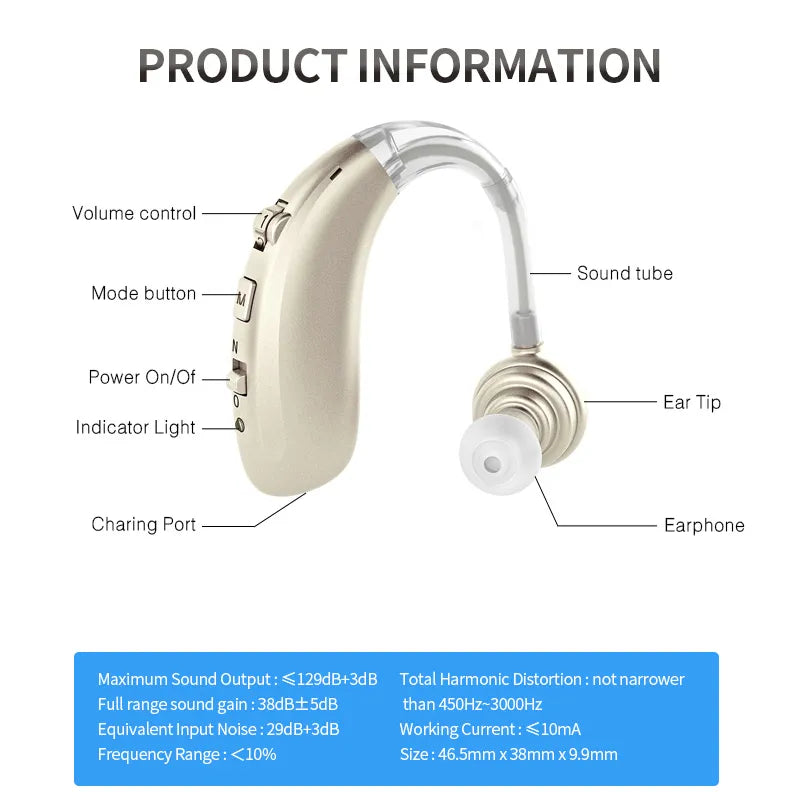 Rechargeable USB Hearing Aid Behind the Ear Sound Amplifier Elderly Noise Cancelling Deaf Care