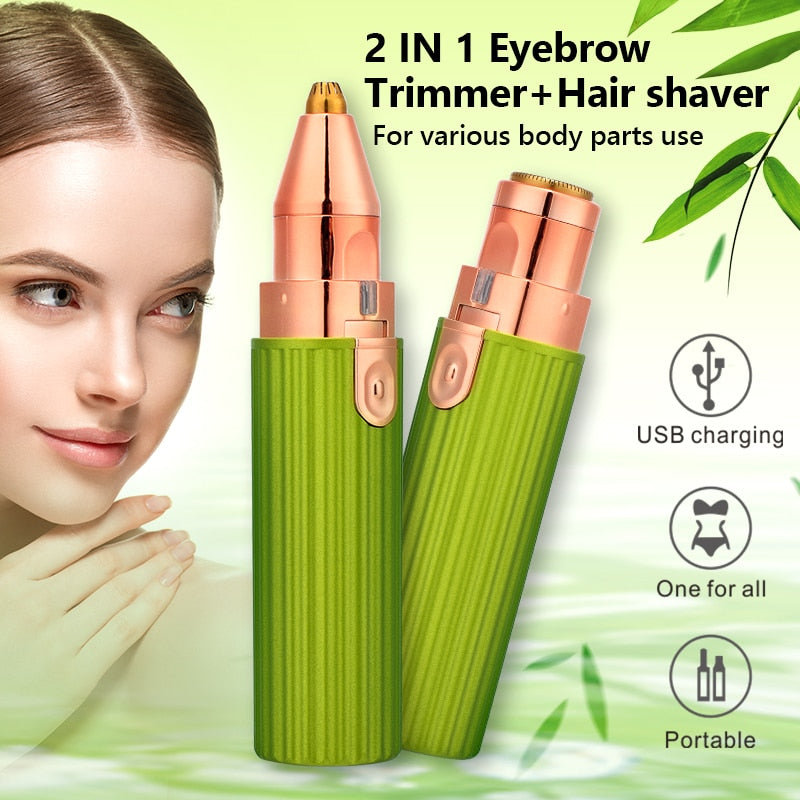 2 IN 1 Rechargeable Electric Eyebrow Trimmer Epilator Female Body Facial Lipstick Shape Hair Removal Mini Painless Razor Shaver