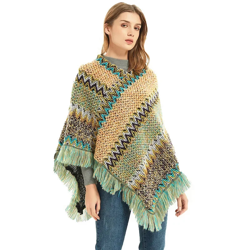 Patchwork Shawl Knitted Striped Print Cardigans Women Poncho Autumn Winter Clothing Sleeveless Sweater Cape Coats