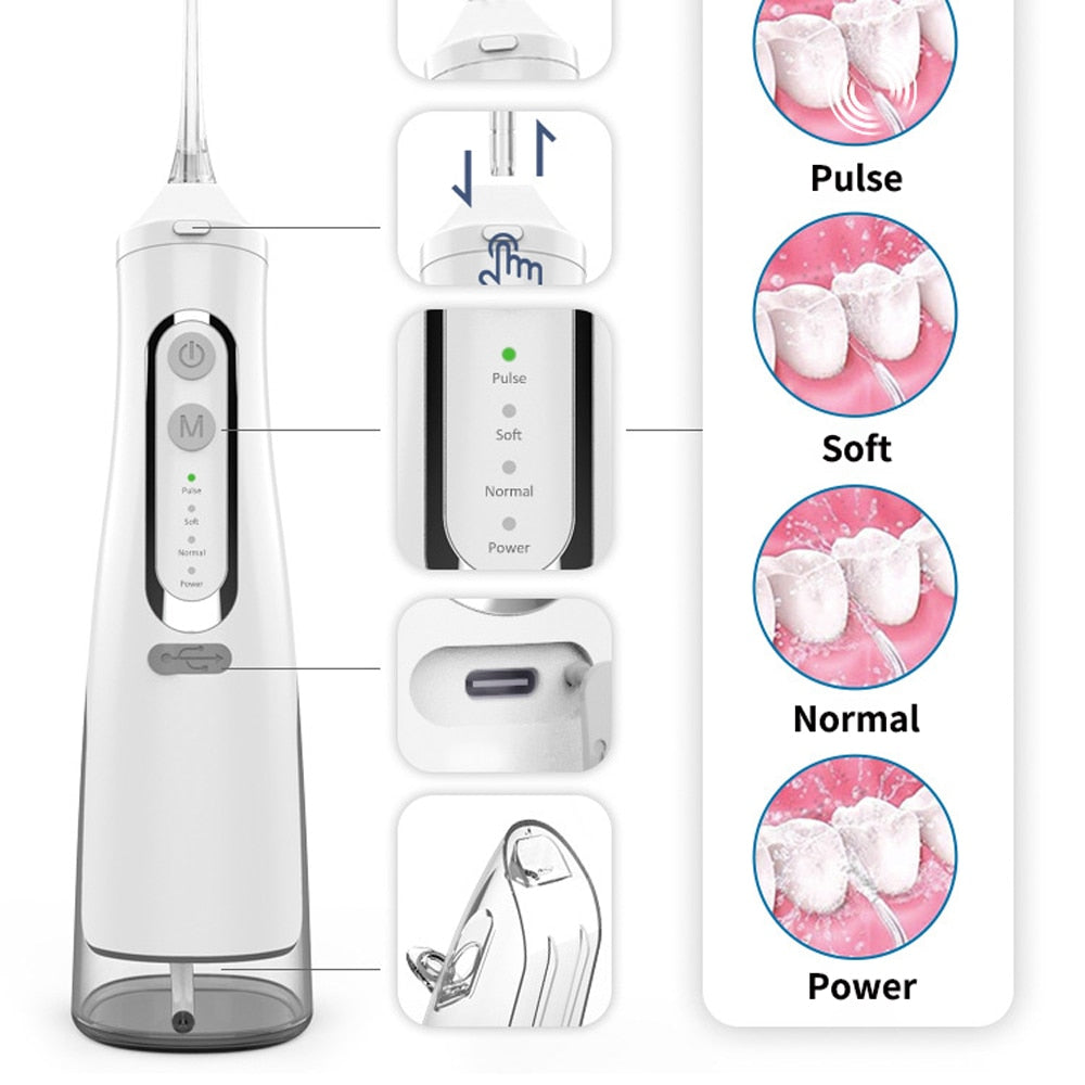 Oral Dental Irrigator Portable Water Jet Flosser Rechargeable USB 4 Modes 310ML Tank Water Jet Floss Tooth Pick IPX7 Waterproof