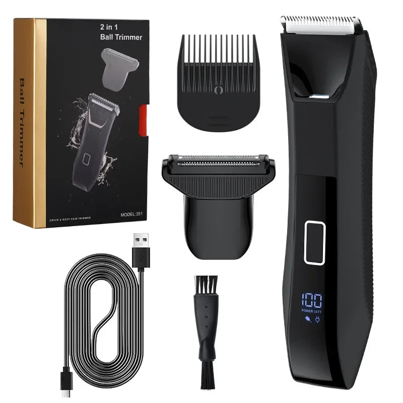 Body & Groin Hair Trimmer for Men Waterproof Dual-Head Ceramic Blade Trimmer & Foil Blades Wet & Dry Men’s Ball Shavers
