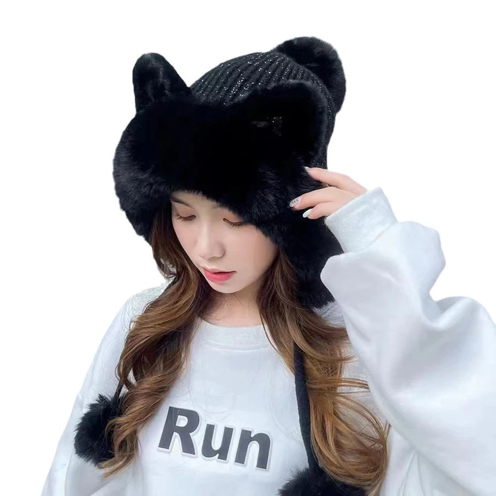 Cute Cat Ears Winter Hat Add Fluff Lined Windproof Warm Beanies With Hairballs Outdoor Ear Protection Luxury Hats For Women