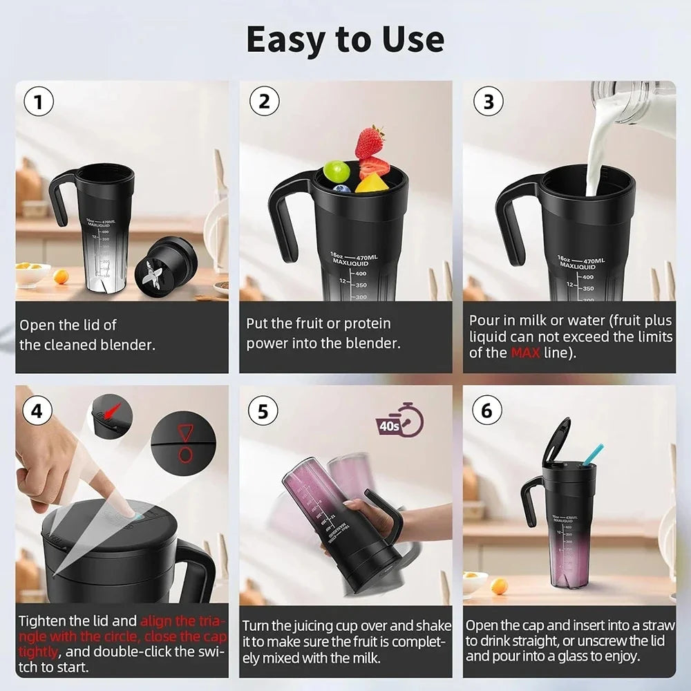 Portable Fruit Juicer 6 Sharp Blades Rechargeable Personal Multifunctional Handheld Mini Blender Cup for Shakes and Smooth