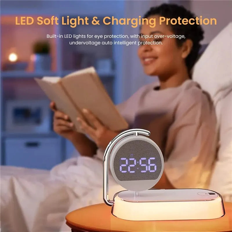Multifunction Wireless Charger Pad Stand Clock LED Desk Table Lamp Night Light 15W Fast Charging Station Dock for iPhone Samsung