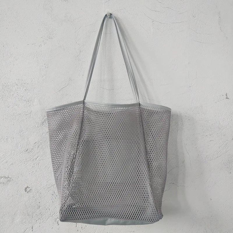 Spring Summer Solid Color Hollow Mesh Tote Bag Large Capacity Travel Shoulder Tote Bag Daily Beach Swimming Gym Shopping Bag