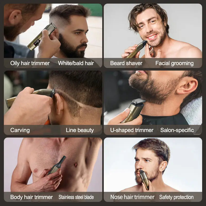 Metal Vintage Rechargeable T9 Professional Hair Trimmer LCD 6 in 1 Grooming Set Electric Razor Body Nose