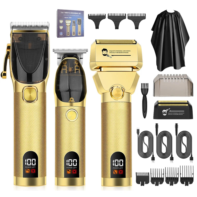 Rechargeable Professional Barber Shop Salon Hair Cutting Machine Clippers Trimmer Foil Shaver Gold Black 3 Pieces Set