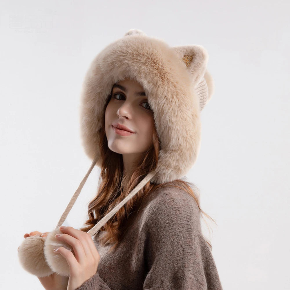Cute Cat Ears Winter Hat Add Fluff Lined Windproof Warm Beanies With Hairballs Outdoor Ear Protection Luxury Hats For Women