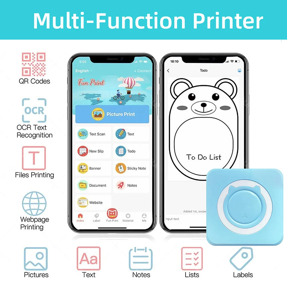 Mini Printer Portable Thermal Stickers Paper Inkless Bluetooth Wireless Thermal Printer Note 200DPI Photo Printing for Office