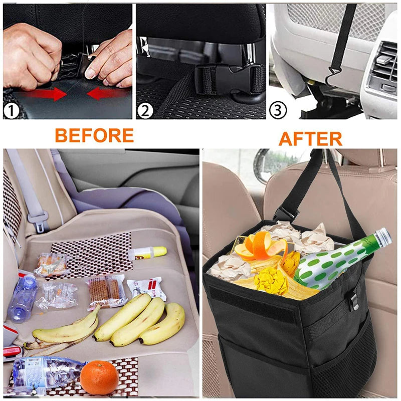 Car Trash Can With Lid Car Trash Bag Hanging With Storage Pockets Collapsible And Portable Car Garbage Bin