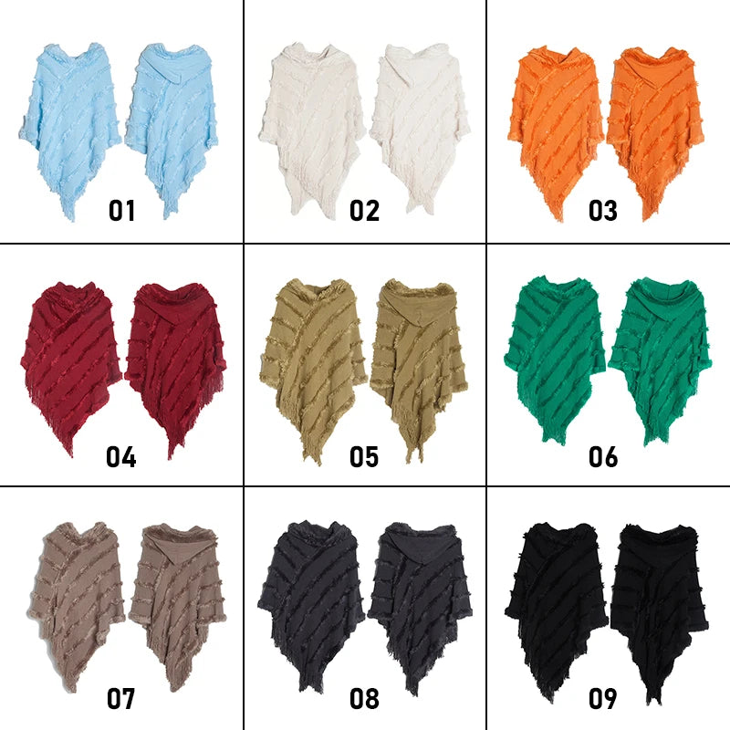 Women Winter Knit Hooded Poncho Cape Lady Spring Fringed Shawl Wrap Sweater Pullover Vintage Chic Tassels Cloak Capes