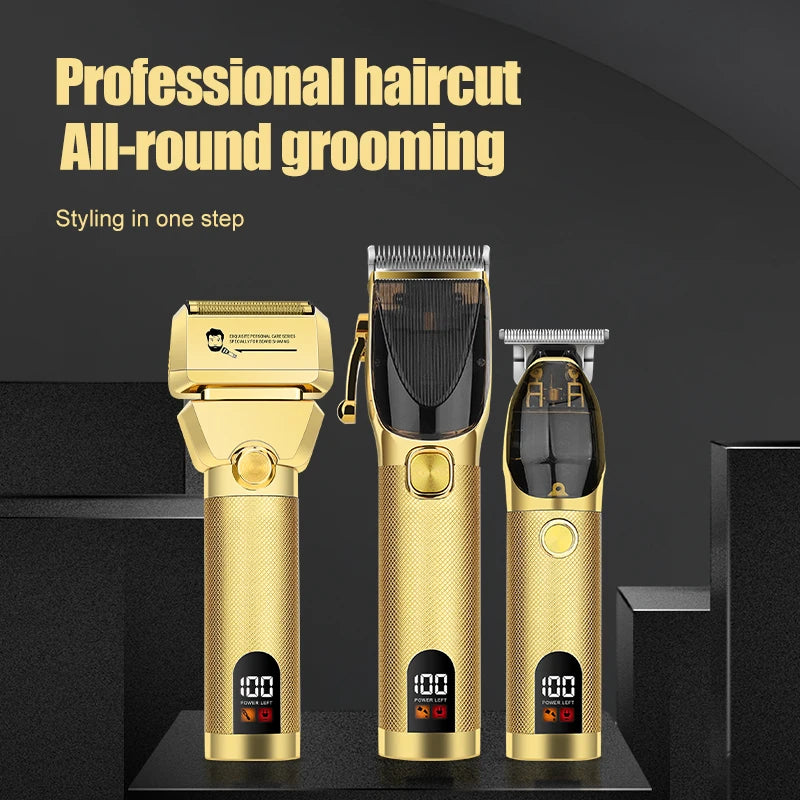 Rechargeable Professional Barber Shop Salon Hair Cutting Machine Clippers Trimmer Foil Shaver Gold Black 3 Pieces Set