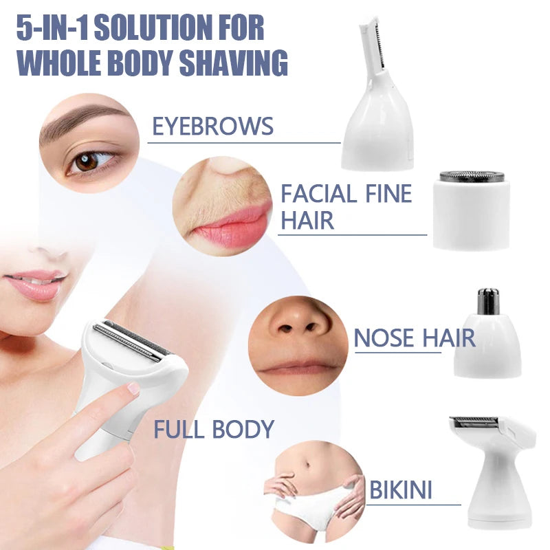Facial Hair Removal for Women 5 in 1 Electric Razor for Bikini Trimmer Kit for Face Eyebrow Nose Legs and Rechargeable Portable