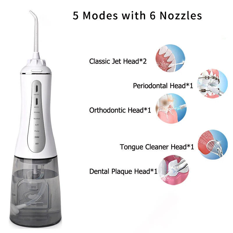 Portable Oral Irrigator 5 Modes Rechargeable Dental Water Jet 6 Nozzles Waterproof 350ML Tank Water Flosser For Teeth Whitening