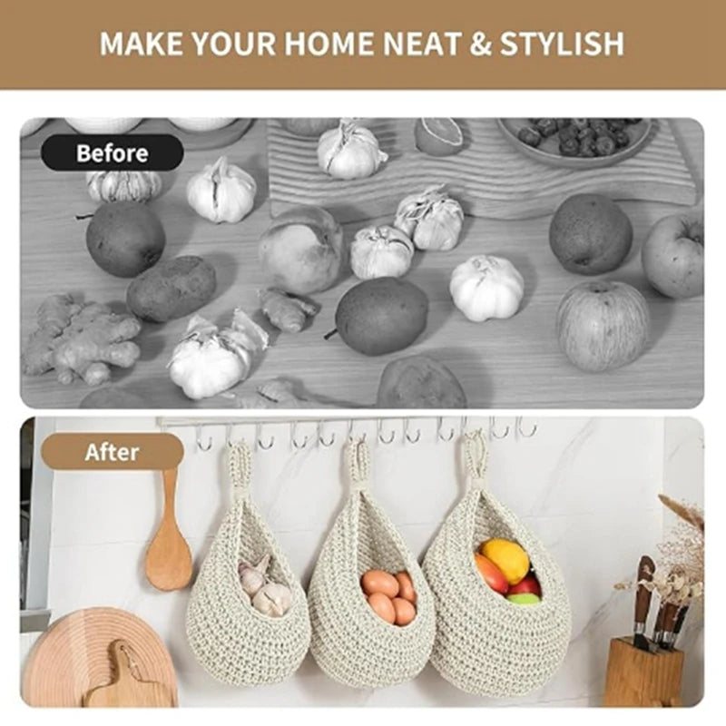 Wall Hanging Fruit Baskets For Kitchen 3 Pack Woven Produce Holder Vegetable Hanging Basket