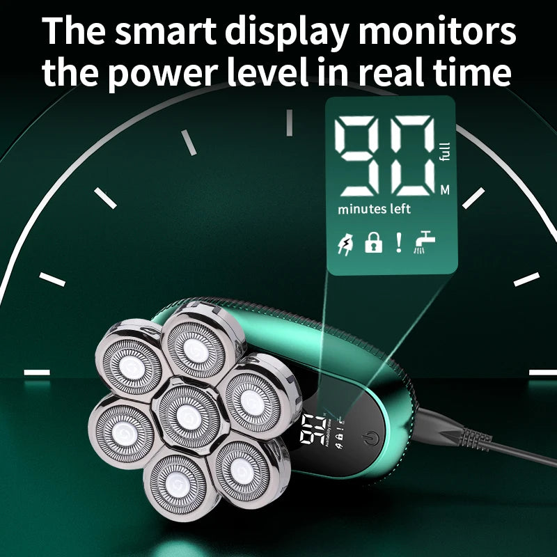 6 in 1 7D Floating Cutter Beard Electric Head Shaver for Bald Men USB Wireless Charging Trimmer Clipper