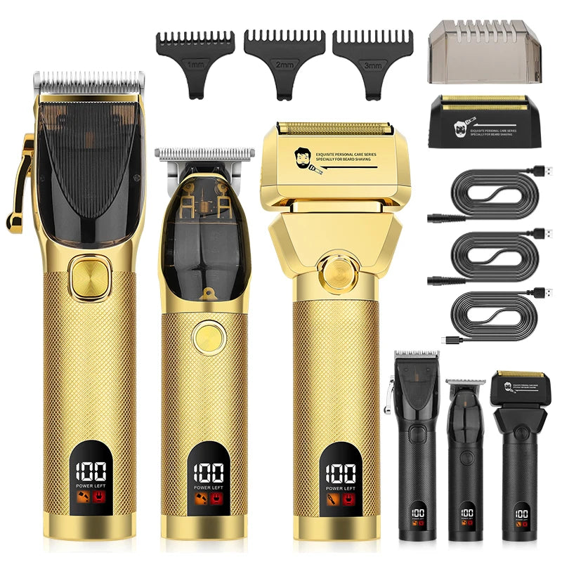 Rechargeable Professional Barber Shop Salon Hair Cutting Machine Clippers Trimmer Foil Shaver Gold Black 3 Pieces Set