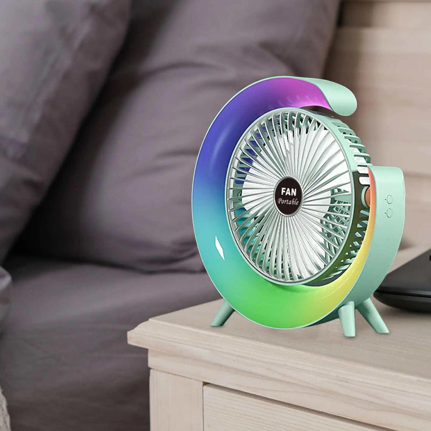 USB Desk Fan Quiet 3 Speeds Angle Adjustable with 5 Light Modes USB Desk Fan Personal Fan for Home Bedroom Travel Indoor Office