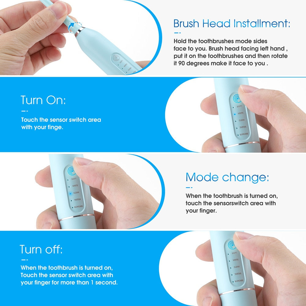 5 Mode Portable Household Electric Sonic Toothbrush Dental Scaler Calculus Tartar Stain Remover Teeth Whitening kit Tooth Whitener USB Charging Base IPX7 Waterproof with Replacement Heads for Adults