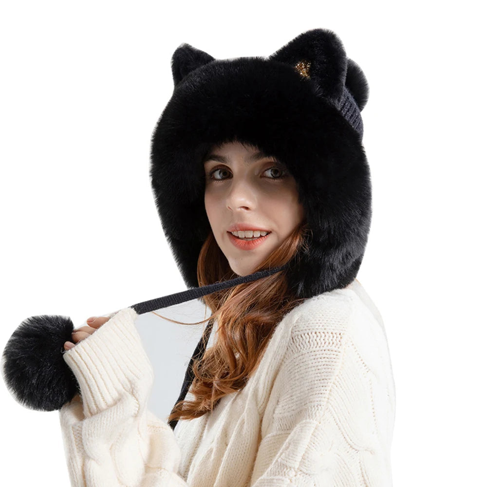 Cute Cat Ears Winter Hat Add Fluff Lined Windproof Warm Beanies With Hairballs Outdoor Ear Protection Luxury Hats For Women