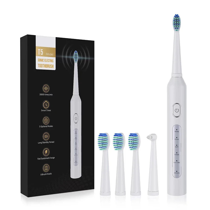 Electric Sonic Toothbrush Rechargeable Electronic Tooth Brushes 5 Brushing Modes IPX7 Waterproof With Replacement Heads