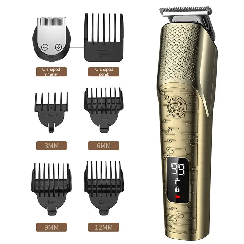 Metal Vintage Rechargeable T9 Professional Hair Trimmer LCD 6 in 1 Grooming Set Electric Razor Body Nose