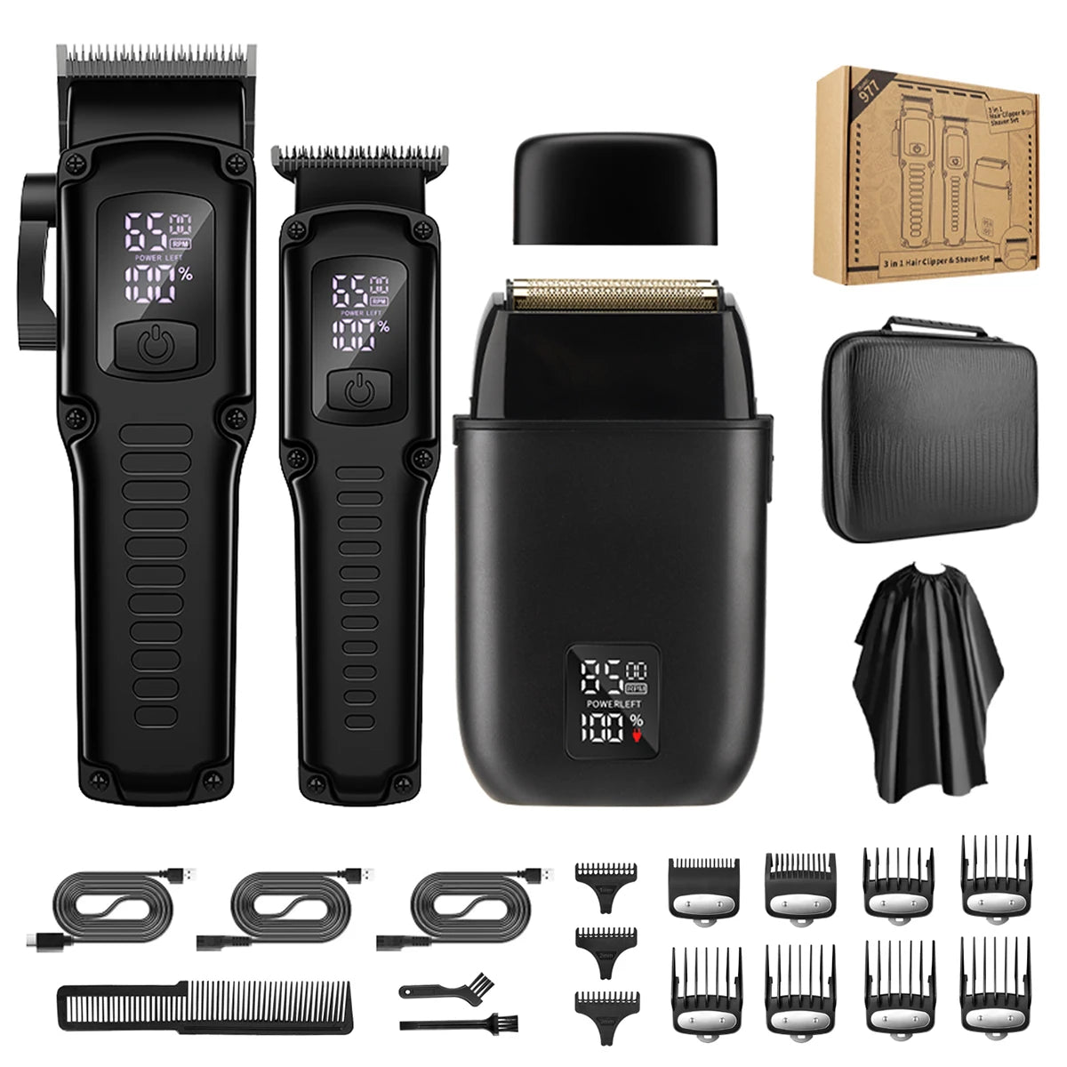 Three Piece Set Electric Hair Clipper  Metal Body Oil Head Electric Trimmer Pushing Cutting Carving and Shaving Set