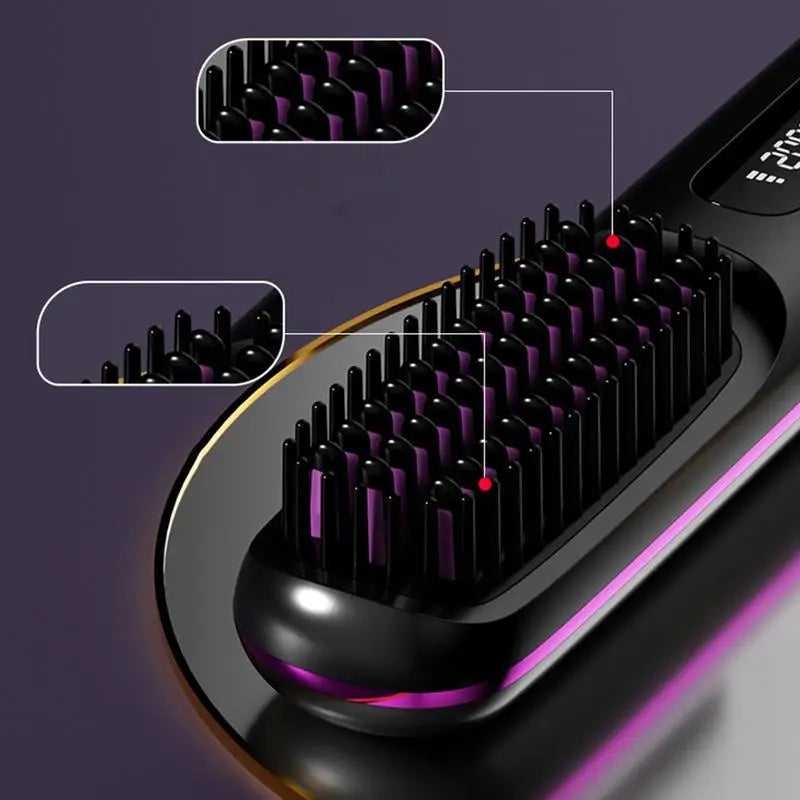 Cordless Hair Straightener Brush LCD Display Cordless Electric Hot Comb With 3 Heating Settings USB Charging 30s Heat-up
