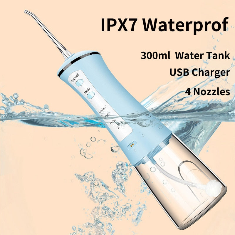 Oral Irrigator Rechargeable USB Water Flosser Portable Dental Water Jet Floss Pick Waterproof 300ML Teeth Cleaner 4 Nozzles
