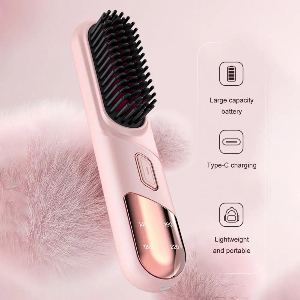 Hair Straightener Brush 4 Temperatures Fast Heating USB Rechargeable Negative Ions Brush Electric Fluffy Curly Hair Styling Comb