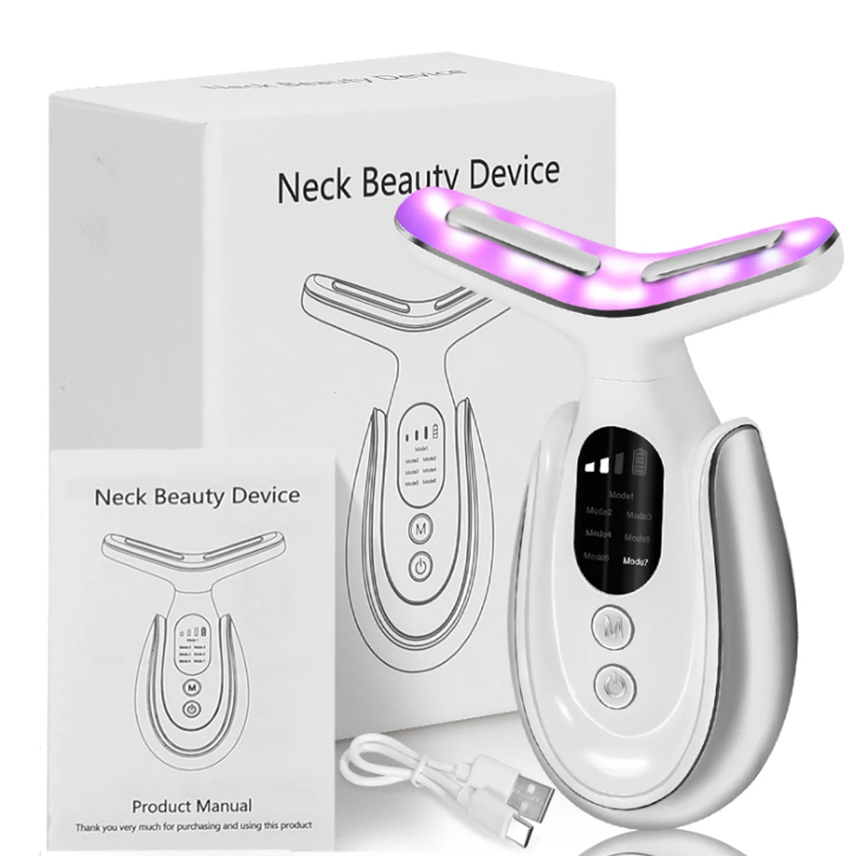Rechargeable Face and Neck Massager with 7 Colours LED and Heat Mode, Neck and Facial Skin Massage Care Tool