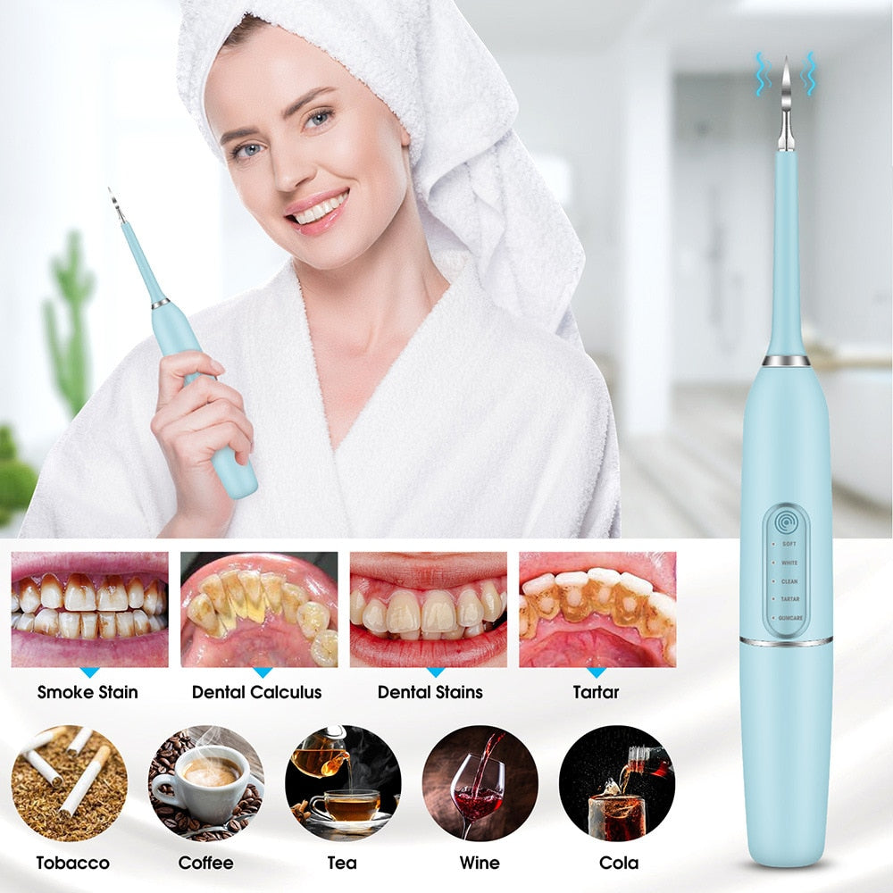 5 Mode Portable Household Electric Sonic Toothbrush Dental Scaler Calculus Tartar Stain Remover Teeth Whitening kit Tooth Whitener USB Charging Base IPX7 Waterproof with Replacement Heads for Adults