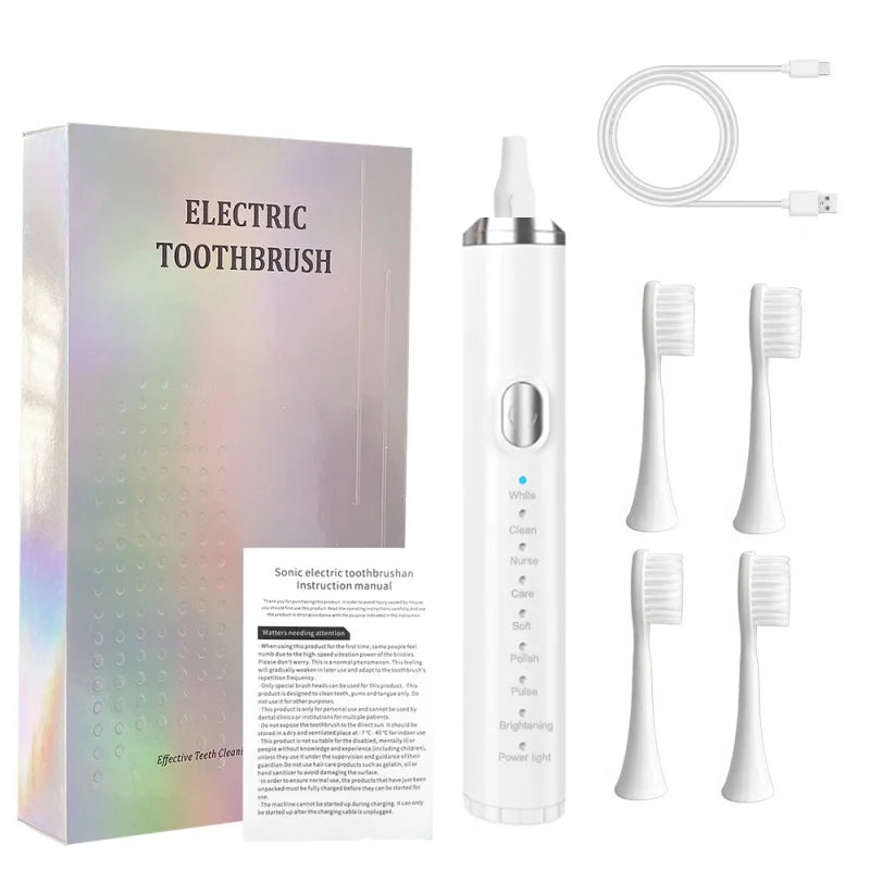 Smart Sonic Electric Toothbrush USB Rechargeable Soft Bristle Dental Care Kit IPX7 Waterproof 8 Speed Mode 500mAh 4 Brush Heads