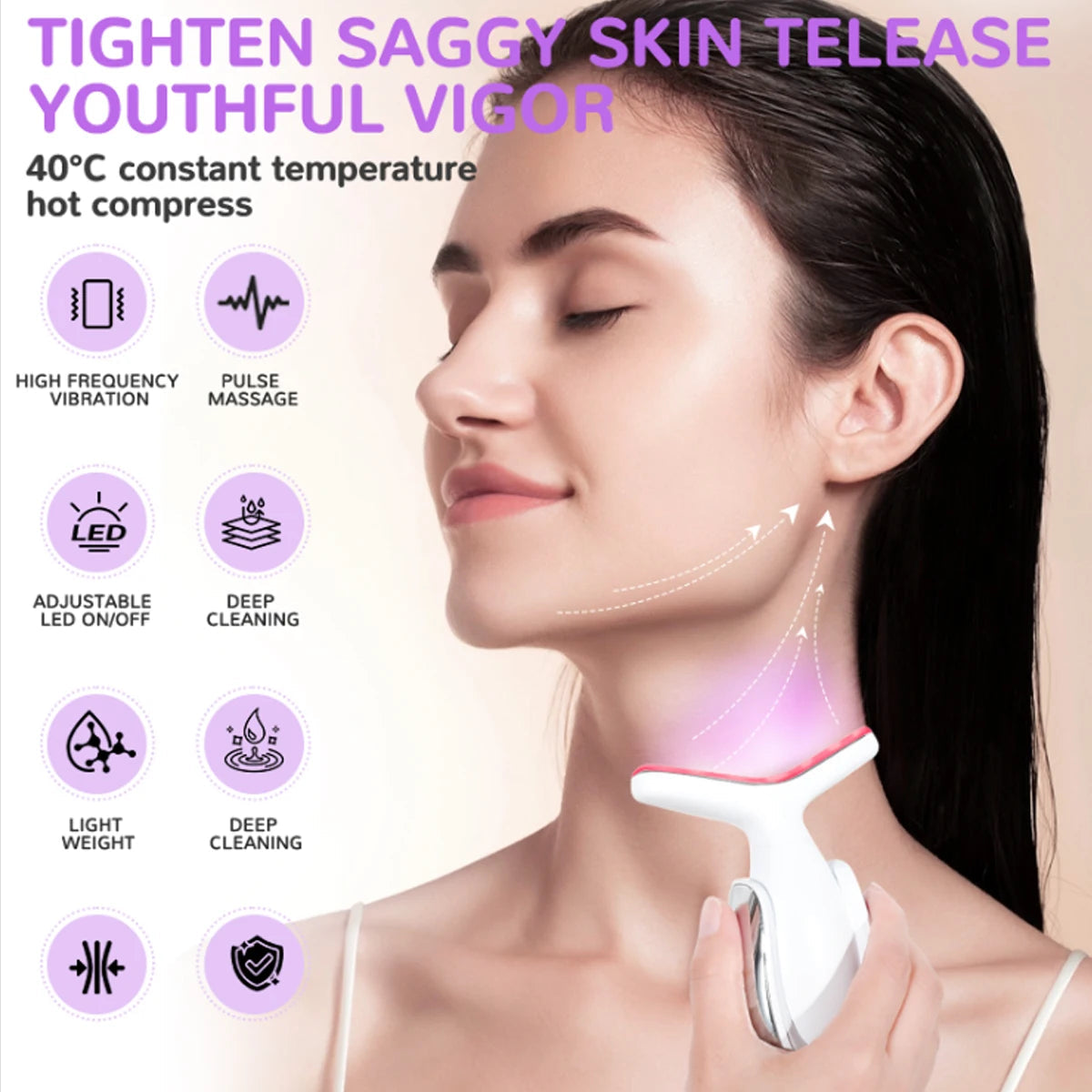 Rechargeable Face and Neck Massager with 7 Colours LED and Heat Mode, Neck and Facial Skin Massage Care Tool