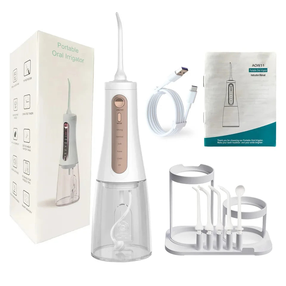 Oral Irrigator Protable Water Flosser with Storage Holder Rechargeable 5 Modes Dental Water Jet 350ML Tank IPX7 Waterproof 6 Jet